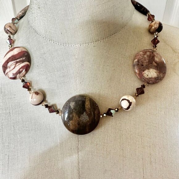 Brecciated Jasper Sterling Silver & Crystal Beaded Necklace - Picture 1 of 13